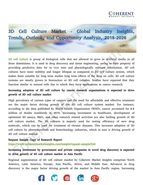 3D Cell Culture Market - Global Industry Insights, Trends, Outlook, and Opportunity Analysis, 2018-2026