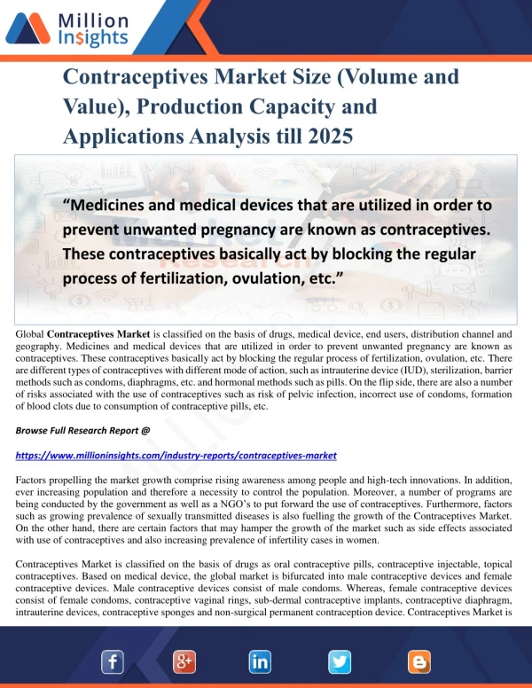 Contraceptives Market Size (Volume and Value), Production Capacity and Applications Analysis till 2025