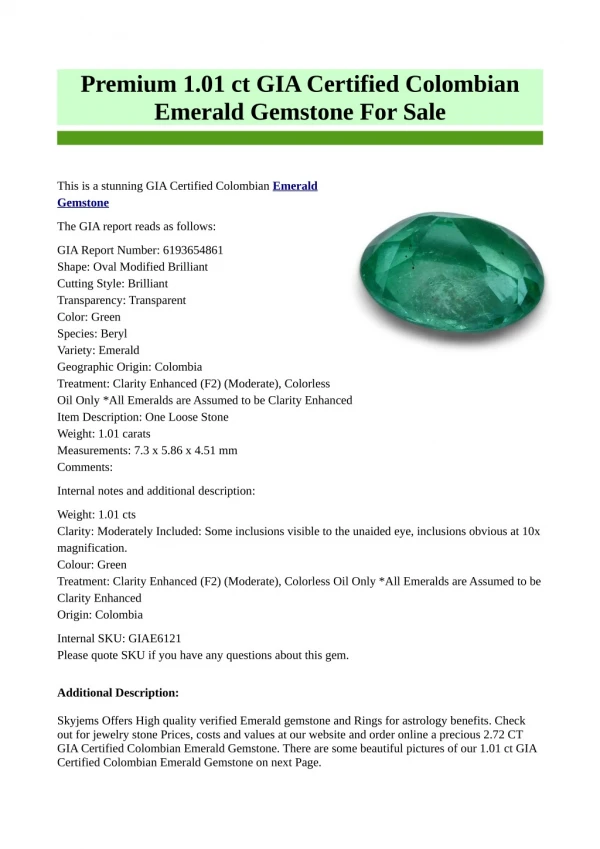 Premium Quality 1.01 ct GIA Certified Emerald Gemstone