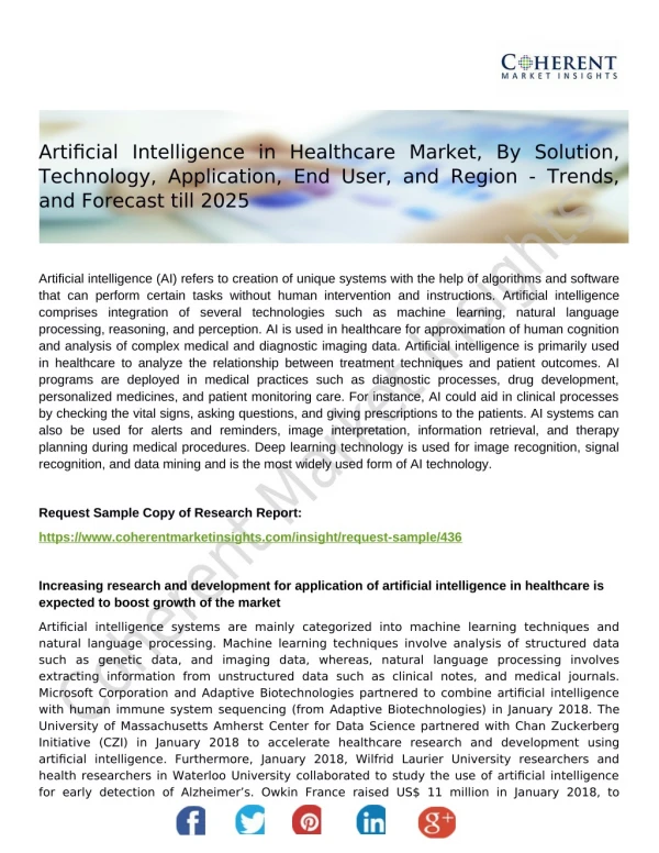Artificial Intelligence in Healthcare Market, By Solution, Technology, Application, End User, and Region - Trends, and F