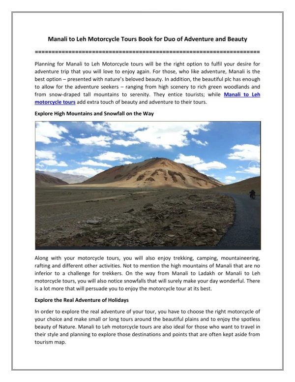 Manali to Leh Motorcycle Tours Book for Duo of Adventure and Beauty