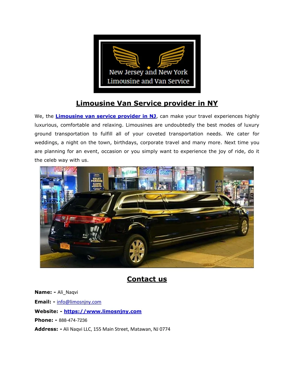 limousine van service provider in ny
