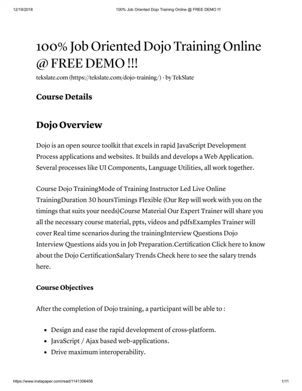 Dojo Training in India & USA - FREE DEMO