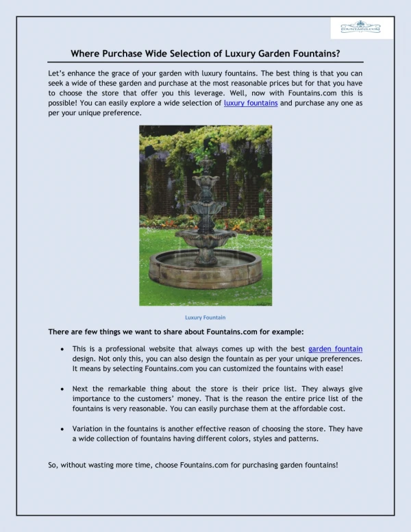 Where Purchase Wide Selection of Luxury Garden Fountains?