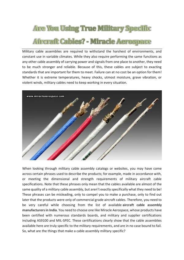 Are You Using True Military Specific Aircraft Cables? - Miracle Aerospace