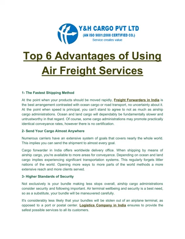 Top 6 Advantages of Using Air Freight Services