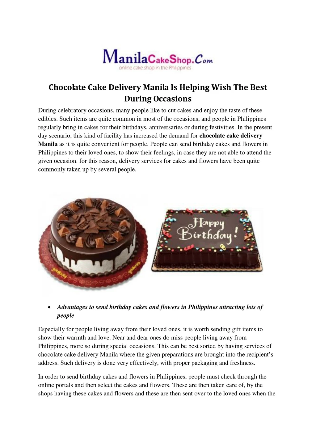 chocolate cake delivery manila is helping wish