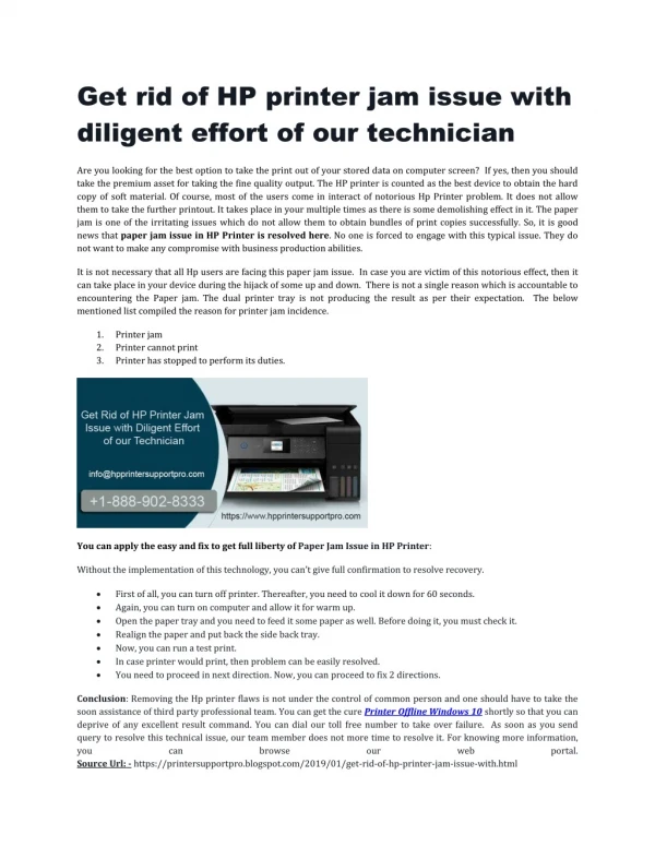 Get rid of HP printer jam issue with diligent effort of our technician