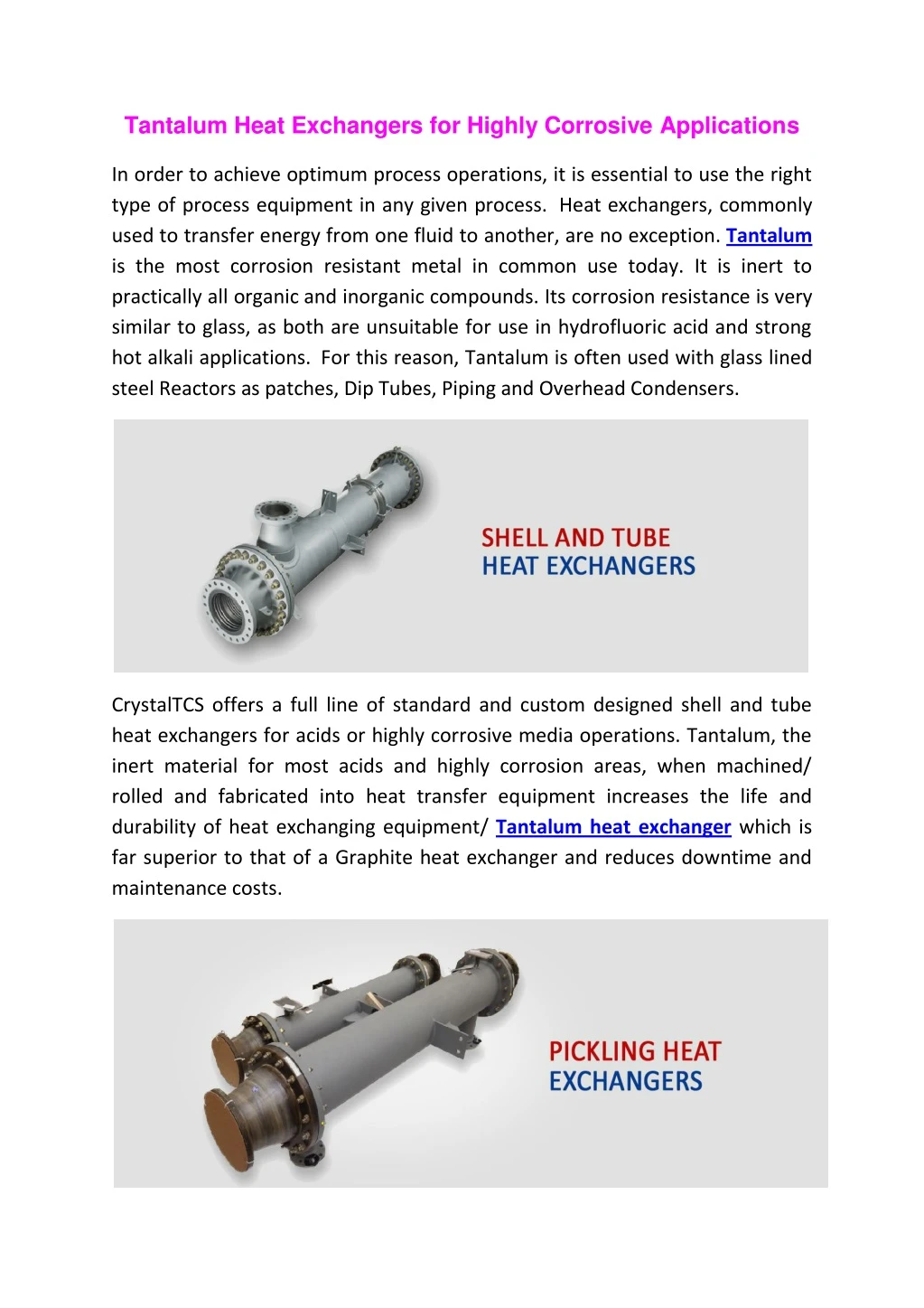 tantalum heat exchangers for highly corrosive