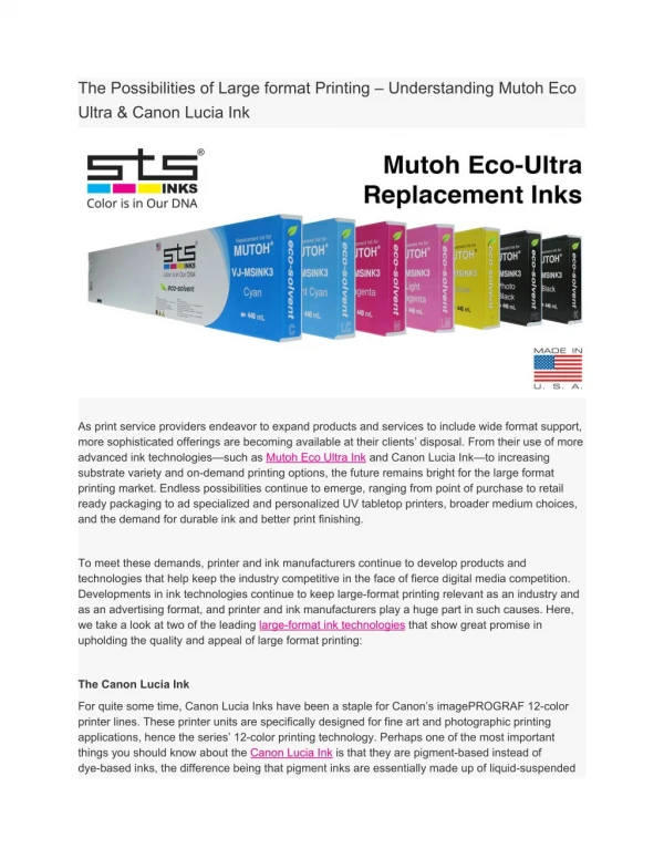 The Possibilities of Large format Printing - Understanding Mutoh Eco Ultra & Canon Lucia Ink