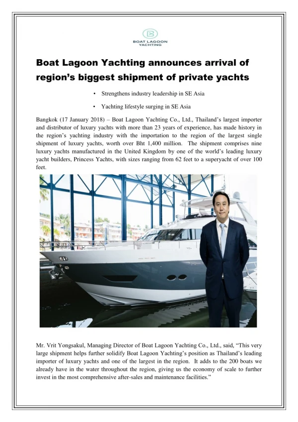 Boat Lagoon Yachting announces arrival of region’s biggest shipment of private yachts