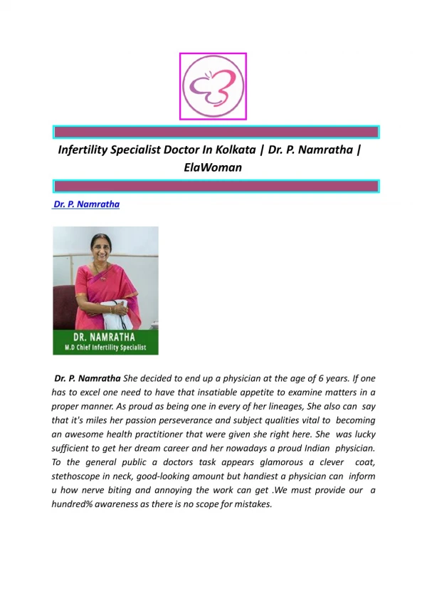 Infertility Specialist Doctor In Kolkata | Dr. P. Namratha | ElaWoman