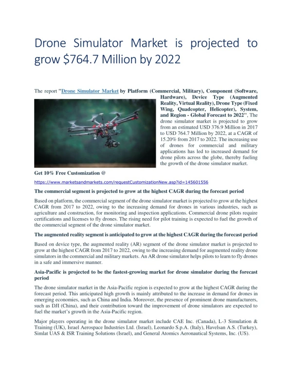 Drone Simulator Market is projected to reach $764.7 Million by 2022