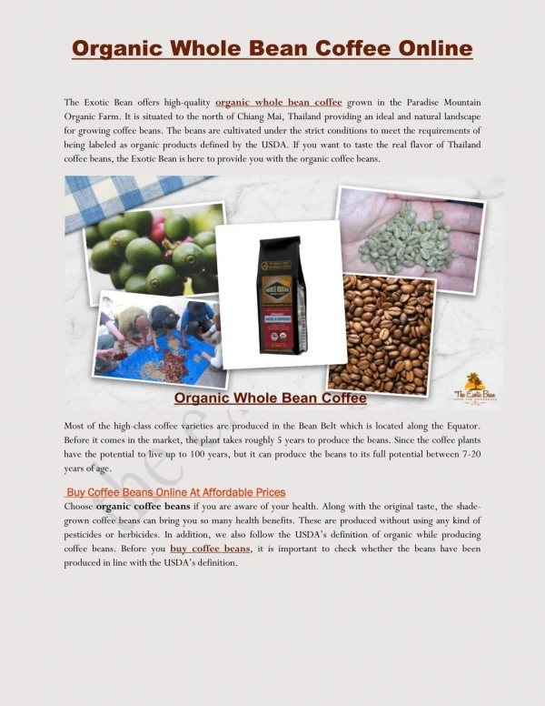 Get 100% Pure Organic Whole Bean Coffee Online