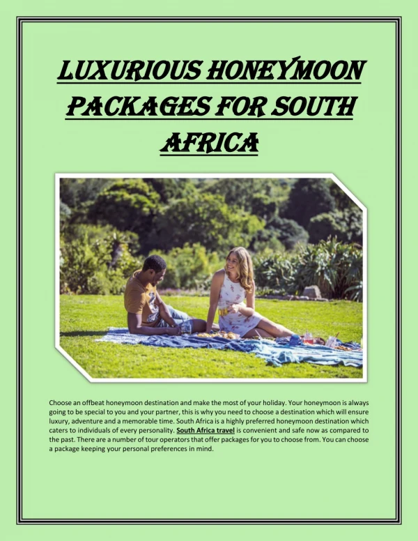 Luxurious honeymoon packages for South Africa