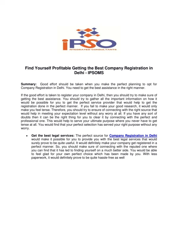 Find Yourself Profitable Getting the Best Company Registration in Delhi – IPSOMS