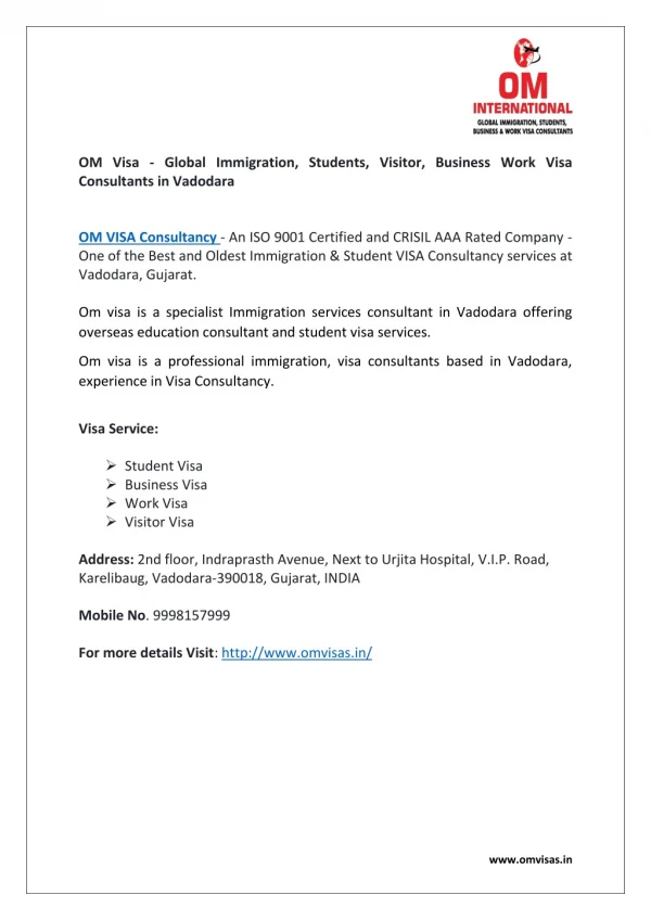Overseas Education Consultancy in Vadodara: OM VISA Consultancy