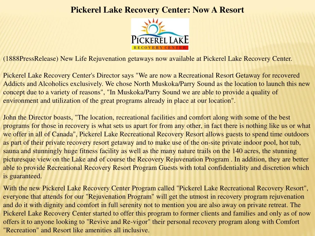 pickerel lake recovery center now a resort