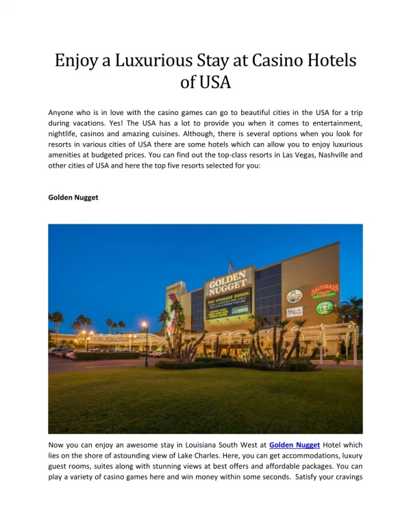Enjoy a Luxurious Stay at Casino Hotels of USA