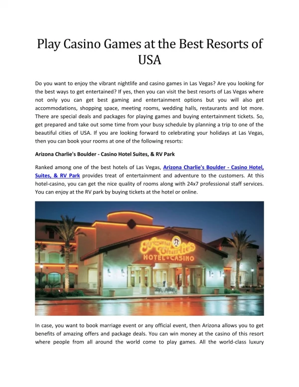 Play Casino Games at the Best Resorts of USA