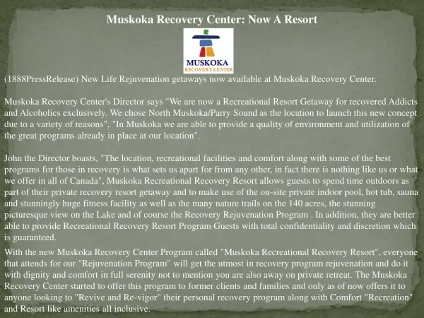 Muskoka Recovery Center: Now A Resort