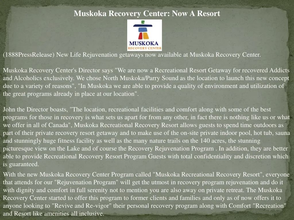 muskoka recovery center now a resort