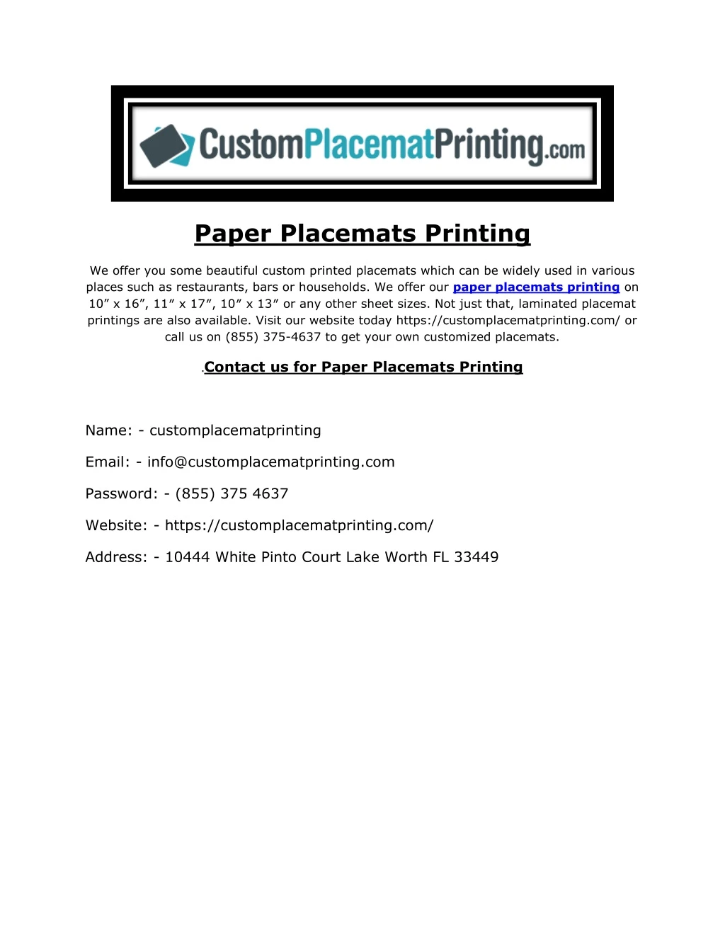 paper placemats printing