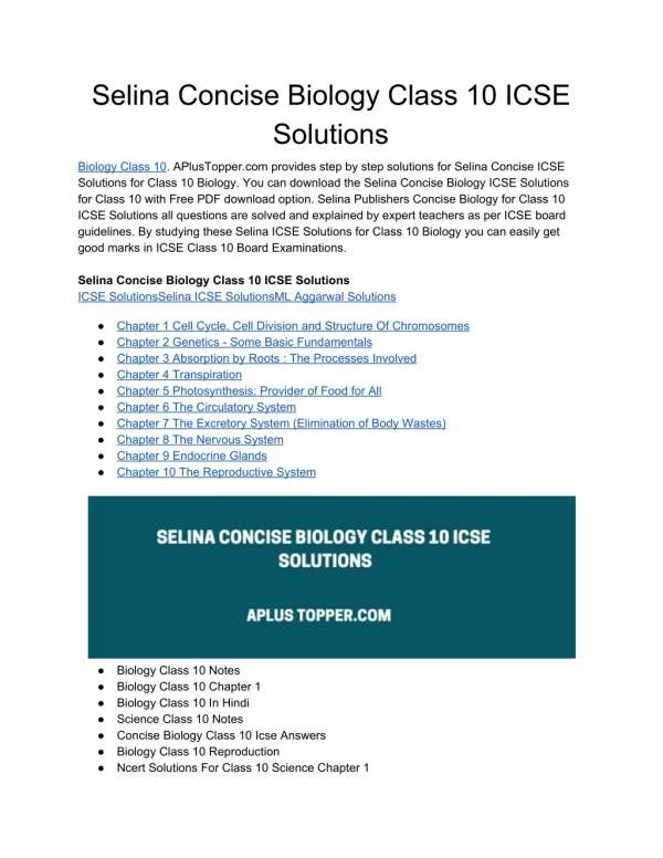 Selina Concise Biology Class 10 ICSE Solutions