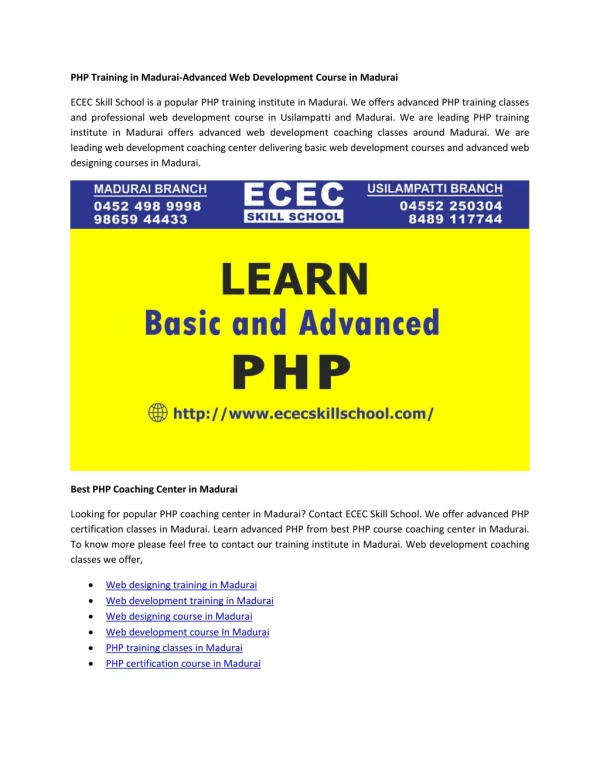 PHP Training in Madurai-Advanced Web Development Course in Madurai