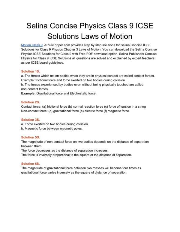 Selina Concise Physics Class 9 ICSE Solutions Laws of Motion