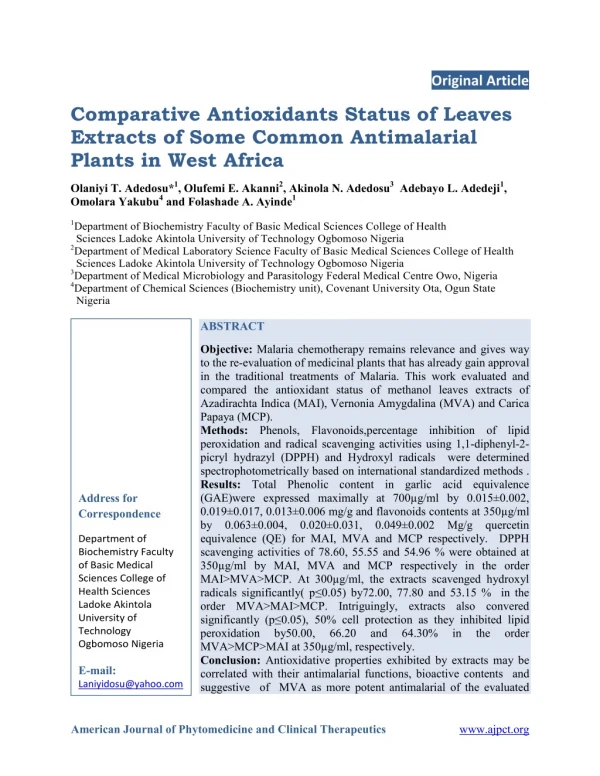 Comparative Antioxidants Status of Leaves Extracts of Some Common Antimalarial Plants in West Africa