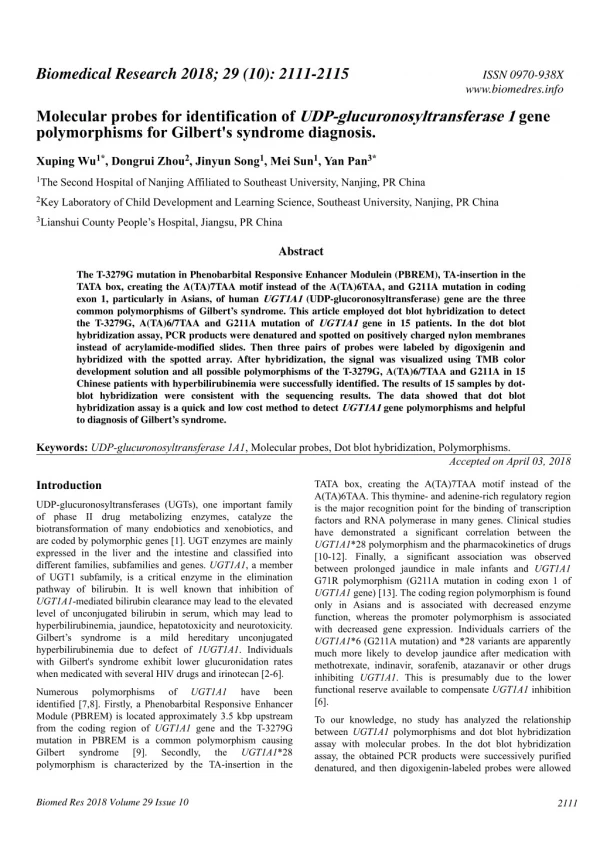 Molecular probes for identification of UDP-glucuronosyltransferase 1 gene polymorphisms for Gilbert's syndrome diagnosis