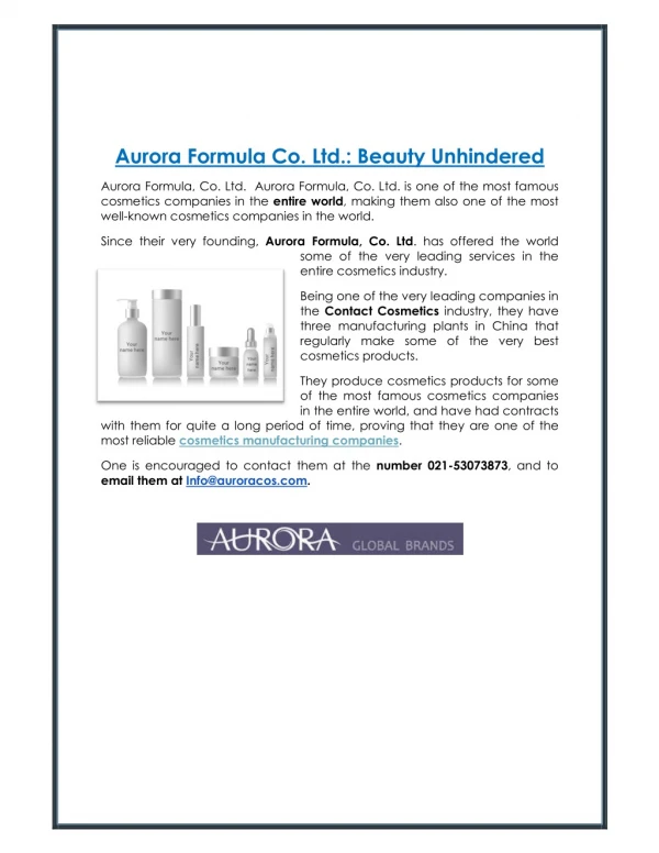 Aurora Formula Co. Ltd.: Beauty Unhindered