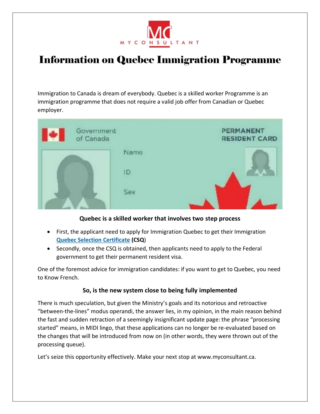 information on quebec immigration programme