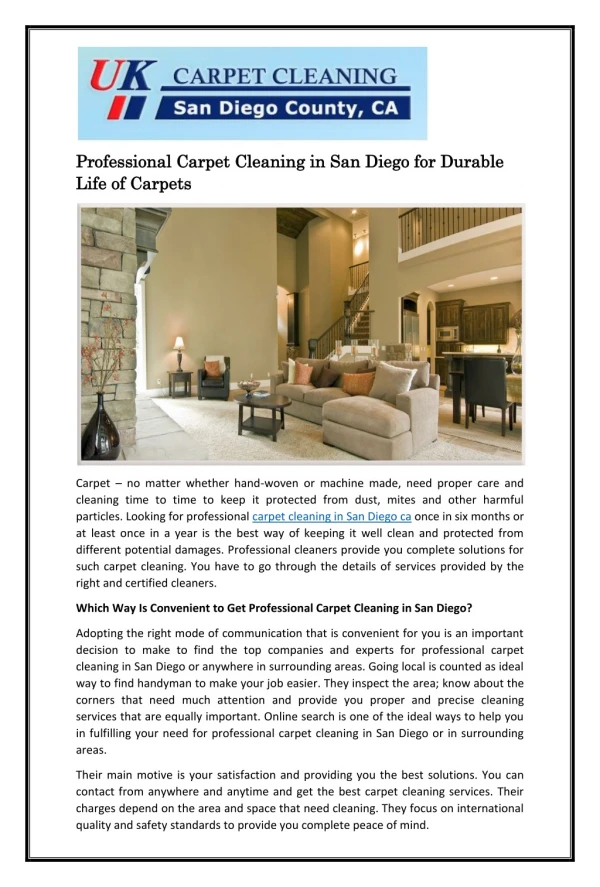 Professional Carpet Cleaning in San Diego for Durable Life of Carpets