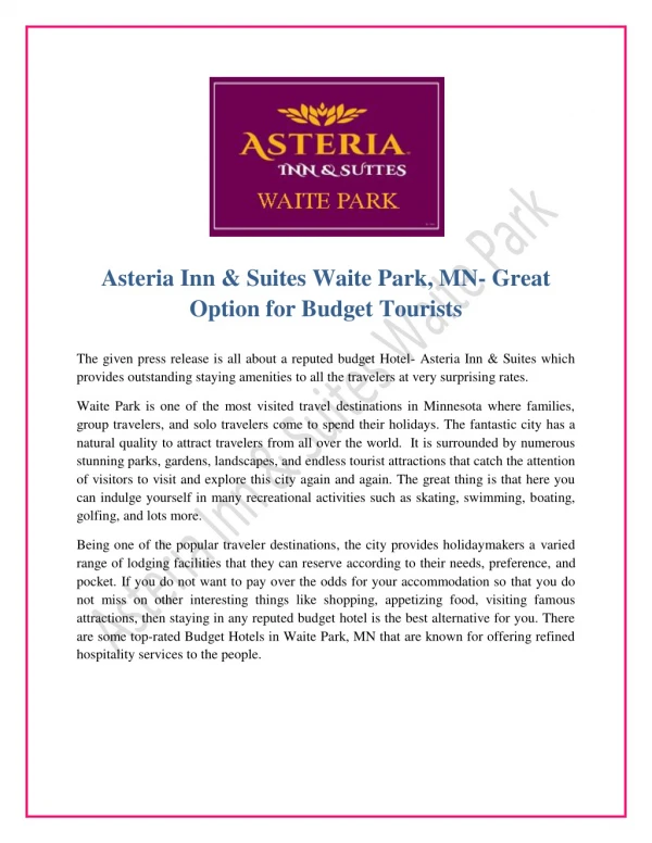 Asteria Inn & Suites Waite Park, MN- Great Option for Budget Tourists