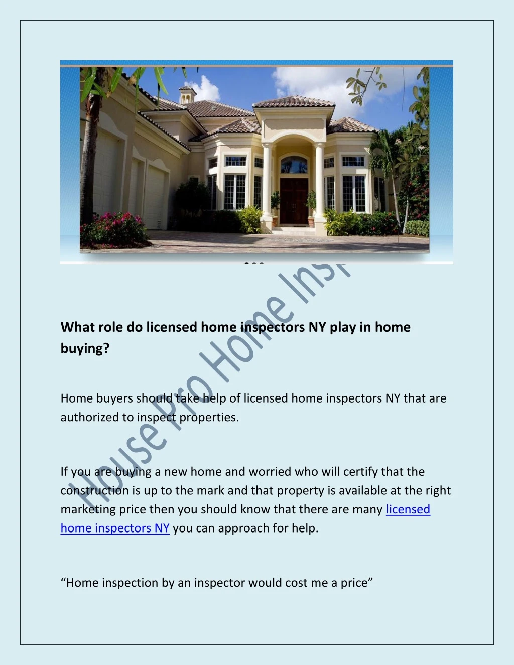 what role do licensed home inspectors ny play