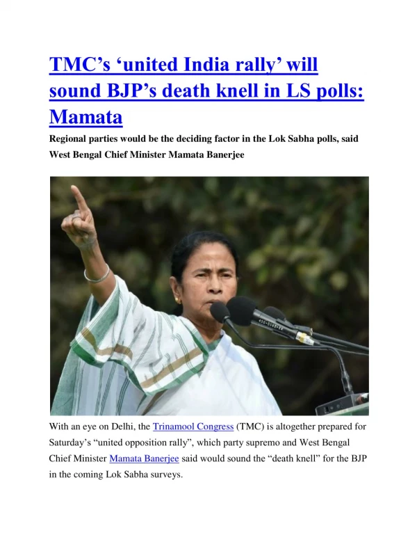 TMC's 'united India rally' will sound BJP's death knell in LS polls: Mamata