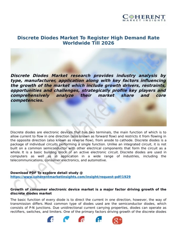 Discrete Diodes Market To Register High Demand Rate Worldwide Till 2026
