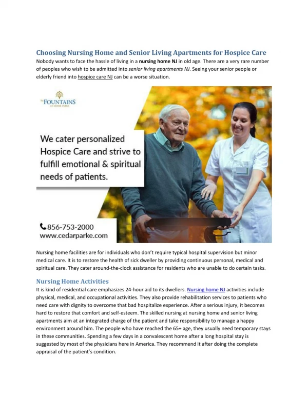 Choosing Nursing Home and Senior Living Apartments for Hospice Care