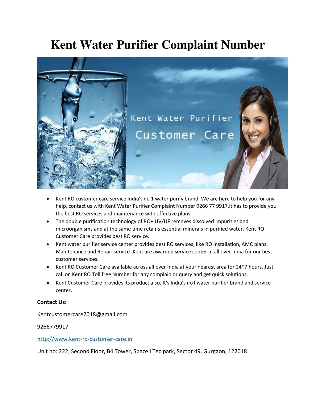 kent water purifier complaint number