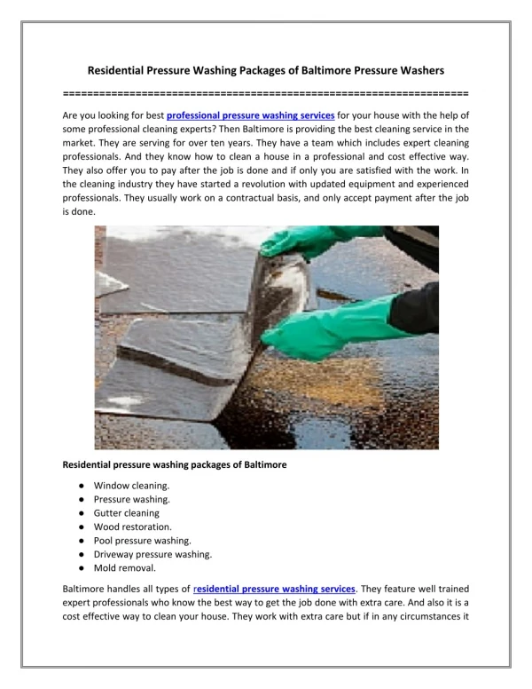 Residential Pressure Washing Packages of Baltimore Pressure Washers