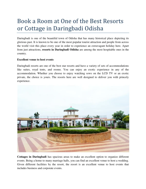 Resorts In Daringbadi Odisha