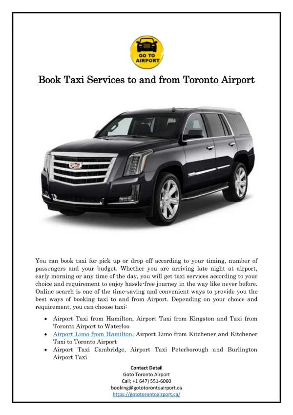 Book Taxi Services to and from Toronto Airport