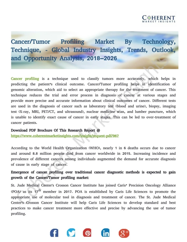 Cancer/Tumor Profiling Market By Technology, Technique, - Global Industry Insights, Trends, Outlook, and Opportunity Ana