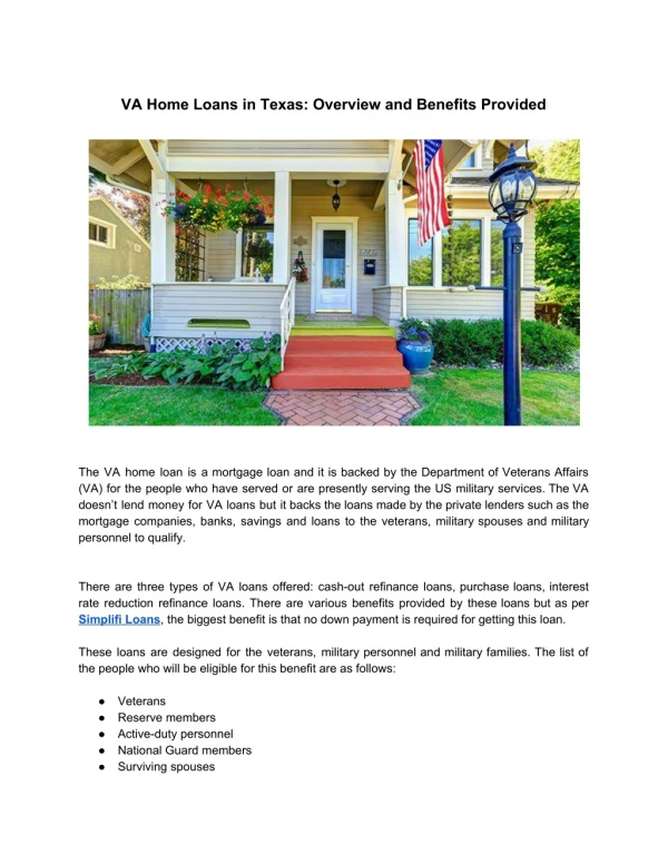 VA Home Loans in Texas: Overview and Benefits Provided