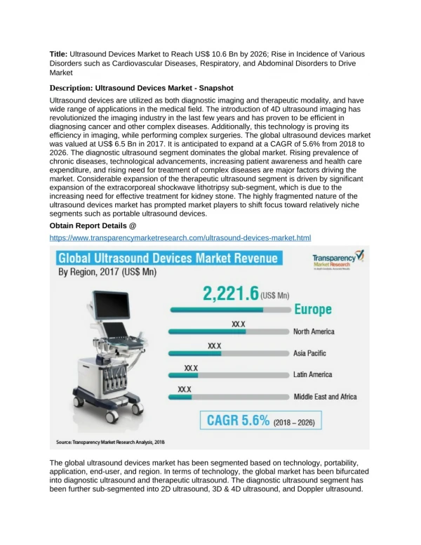 Ultrasound Devices Market to Reach US$ 10.6 Bn by 2026