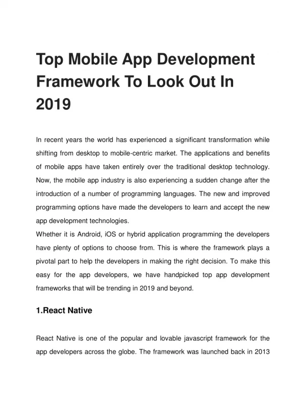 Top Mobile App Development Framework To Look Out In 2019