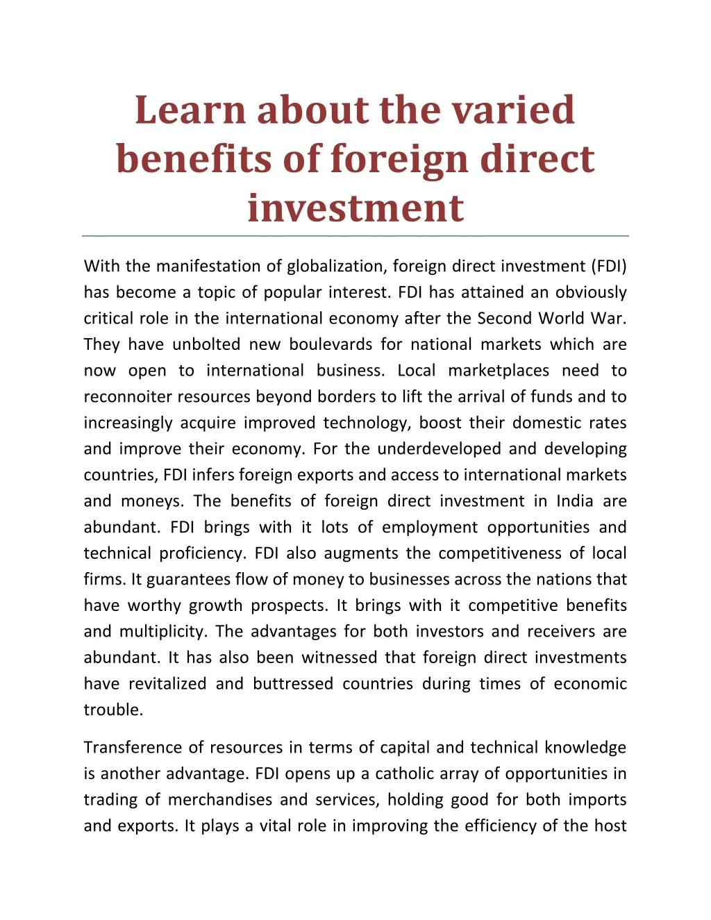 learn about the varied benefits of foreign direct