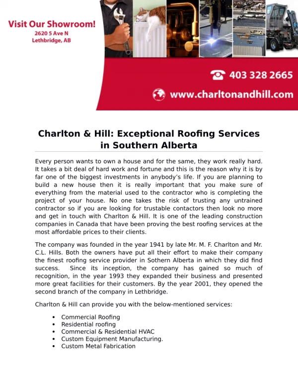 Charlton & Hill: Exceptional Roofing Services in Southern Alberta
